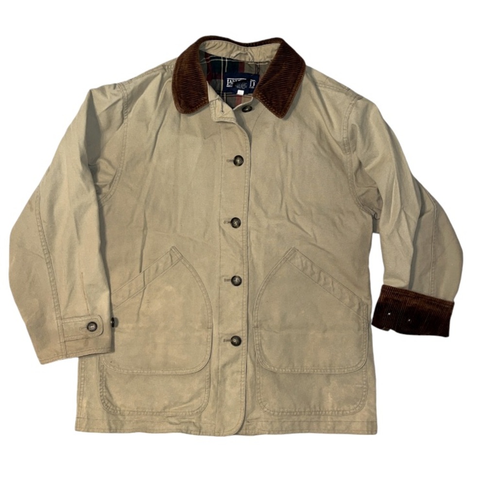 Vintage Land’s End Barn Coat Canvas Tan With Brown Corduroy Plaid Lining Medium